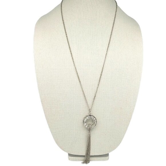 Encased Crystals Circle Pendant Necklace Silver Tones Modern Tassel Versatile - Picture 2 of 6